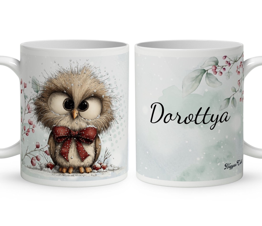 Névvel kérhető - Cuki téli bagoly nagy masnival mintás bögre - otthon & életmód - konyhafelszerelés, tálalás - tálalás - bögre & csésze - Meska.hu