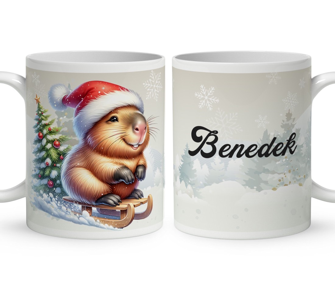 Névvel kérhető - Vidám szánkós capybara mintás bögre - otthon & életmód - konyhafelszerelés, tálalás - tálalás - bögre & csésze - Meska.hu