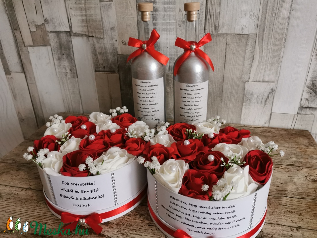 Szülőköszöntő szett piros-fehér-ezüst - esküvő - emlék & ajándék - szülőköszöntő ajándék - Meska.hu