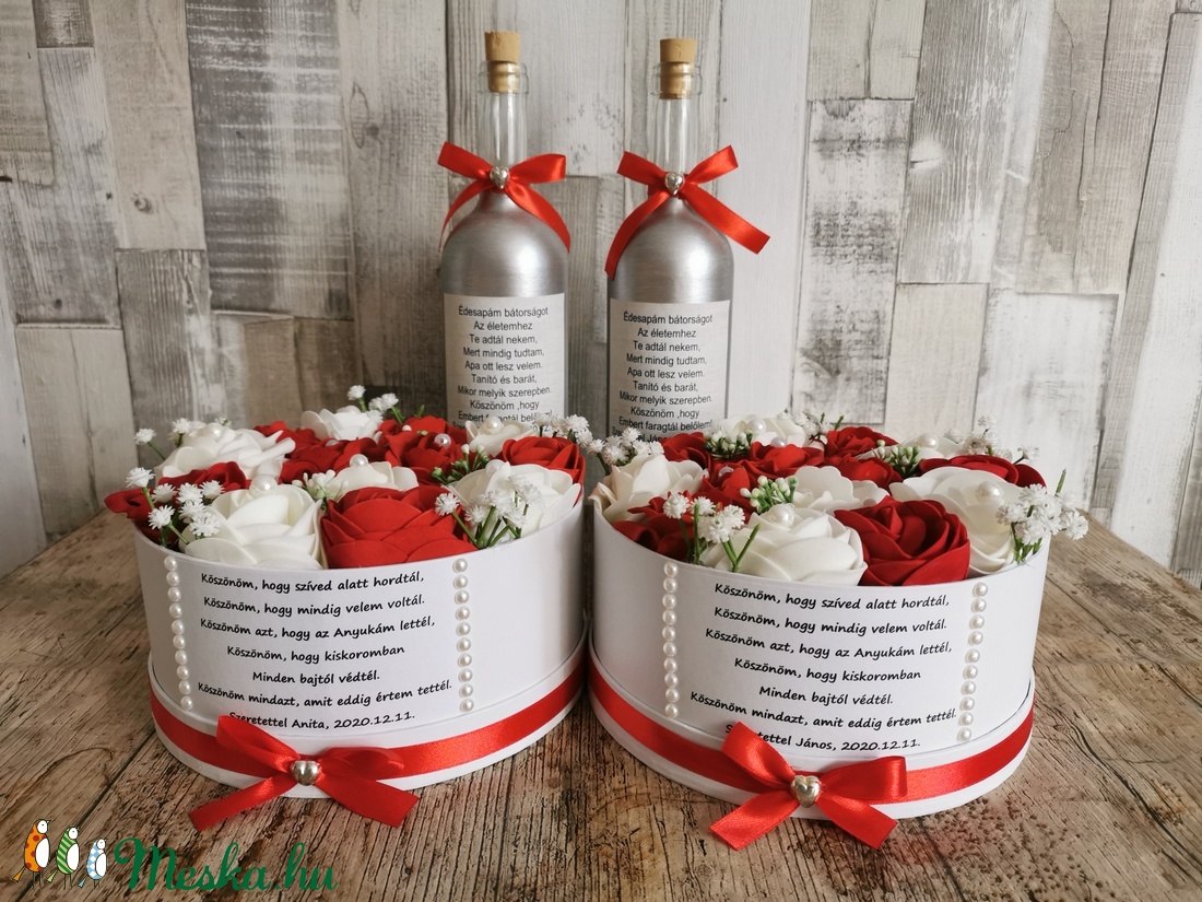Szülőköszöntő szett piros-fehér-ezüst - esküvő - emlék & ajándék - szülőköszöntő ajándék - Meska.hu