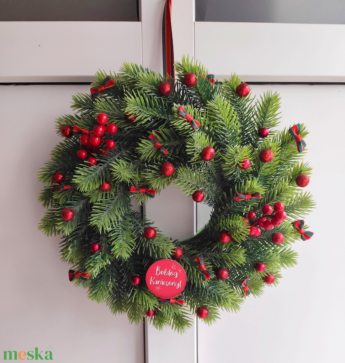 Karácsonyi ajtódísz 3D levelű műfenyős - karácsony - adventi díszek - adventi ajtódísz - Meska.hu