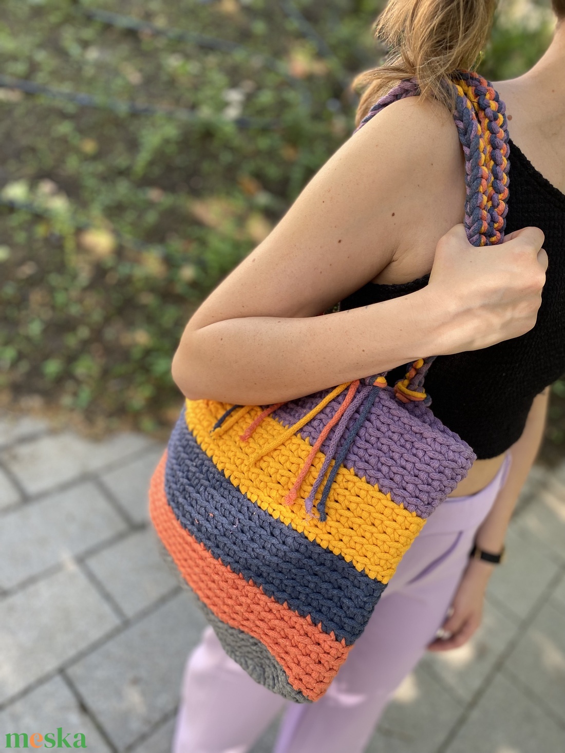 Horgolt színes táska - táska & tok - bevásárlás & shopper táska - shopper, textiltáska, szatyor - Meska.hu