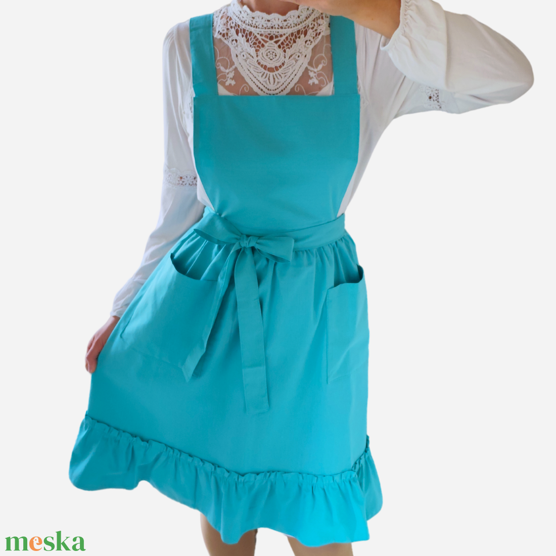 Vintage stílusú pamut kötény - türkiz színben - otthon & életmód - konyhafelszerelés, tálalás - konyhai textil - kötény - Meska.hu