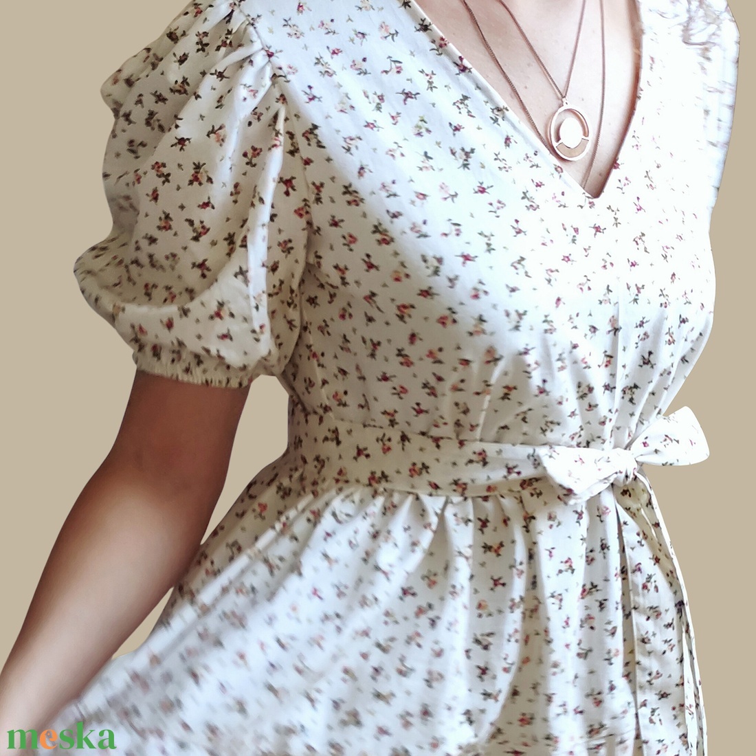 Rózsa midi pamut ruha - rövid puffos ujjakkal, V-nyakkal - ruha & divat - női ruha - ruha - Meska.hu