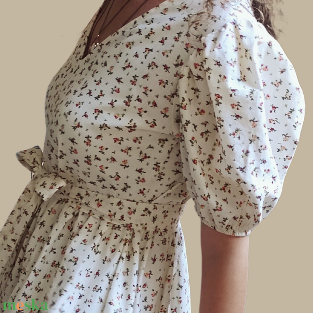 Rózsa midi pamut ruha - rövid puffos ujjakkal, V-nyakkal - ruha & divat - női ruha - ruha - Meska.hu