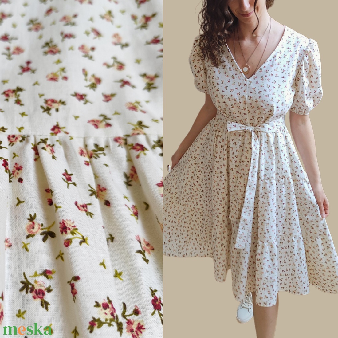 Rózsa midi pamut ruha - rövid puffos ujjakkal, V-nyakkal - ruha & divat - női ruha - ruha - Meska.hu