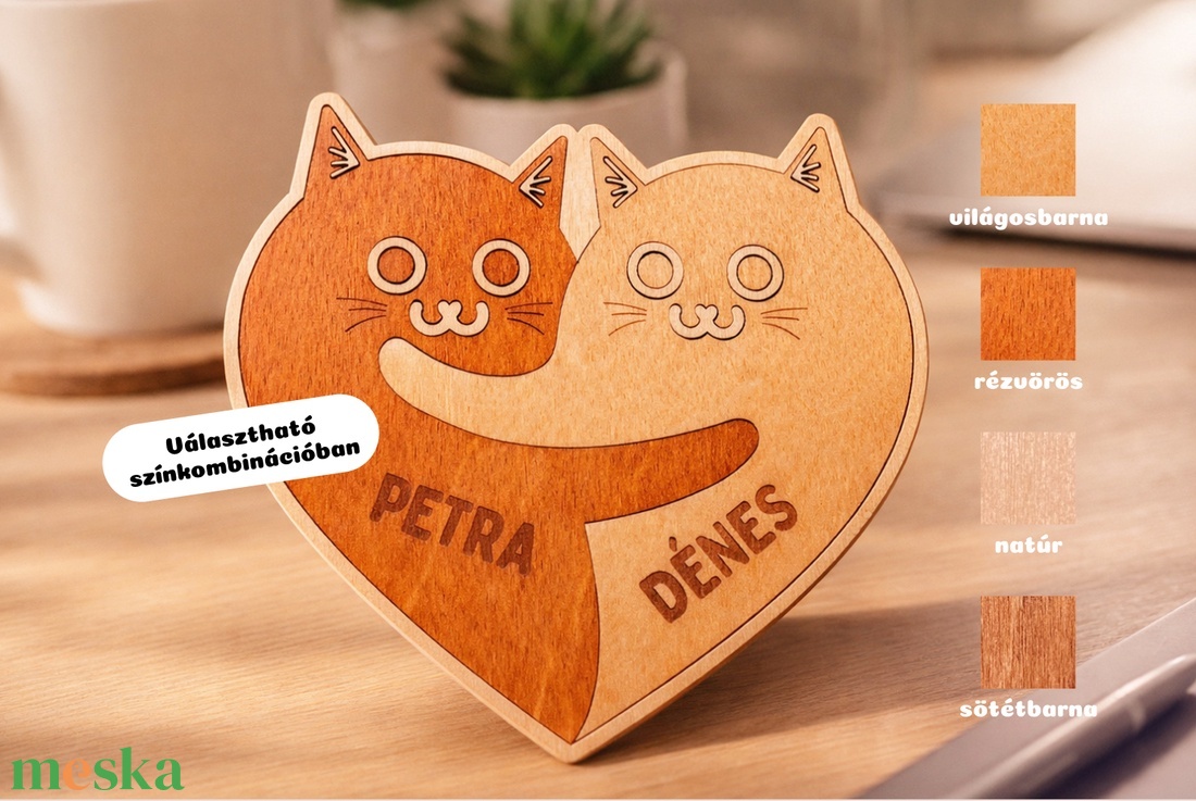 Személyreszabható fa poháralátét cicákkal - Valentin-napi ajándék pároknak - otthon & életmód - konyhafelszerelés, tálalás - tálalás - tányér- és poháralátét - Meska.hu