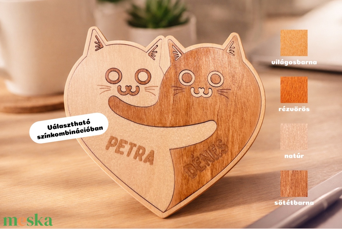Személyreszabható fa poháralátét cicákkal - Valentin-napi ajándék pároknak - otthon & életmód - konyhafelszerelés, tálalás - tálalás - tányér- és poháralátét - Meska.hu