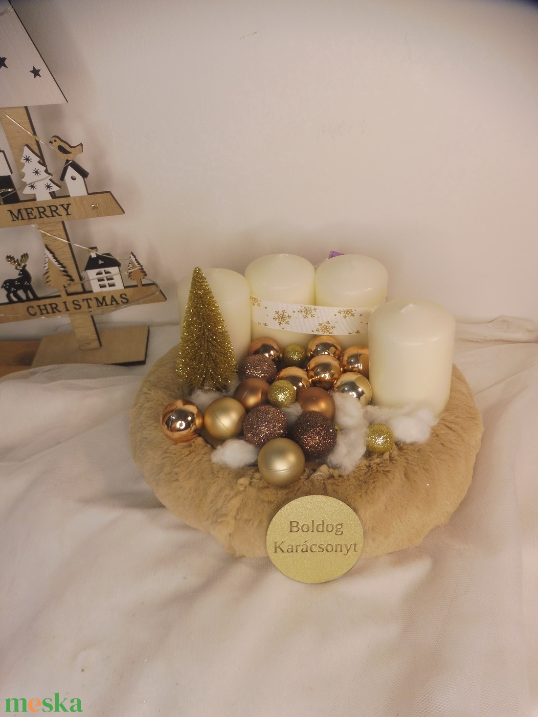 Bézs és arany Boldog karácsonyt feliratos adventi koszorú - karácsony - adventi díszek - adventi koszorú - Meska.hu