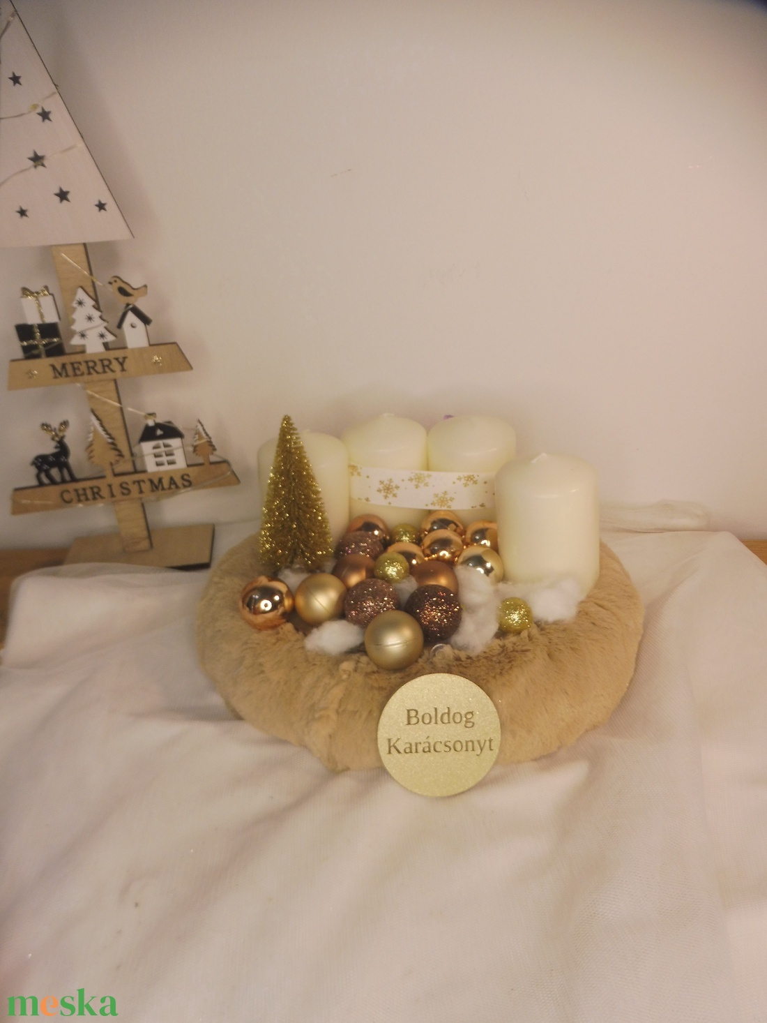 Bézs és arany Boldog karácsonyt feliratos adventi koszorú - karácsony - adventi díszek - adventi koszorú - Meska.hu