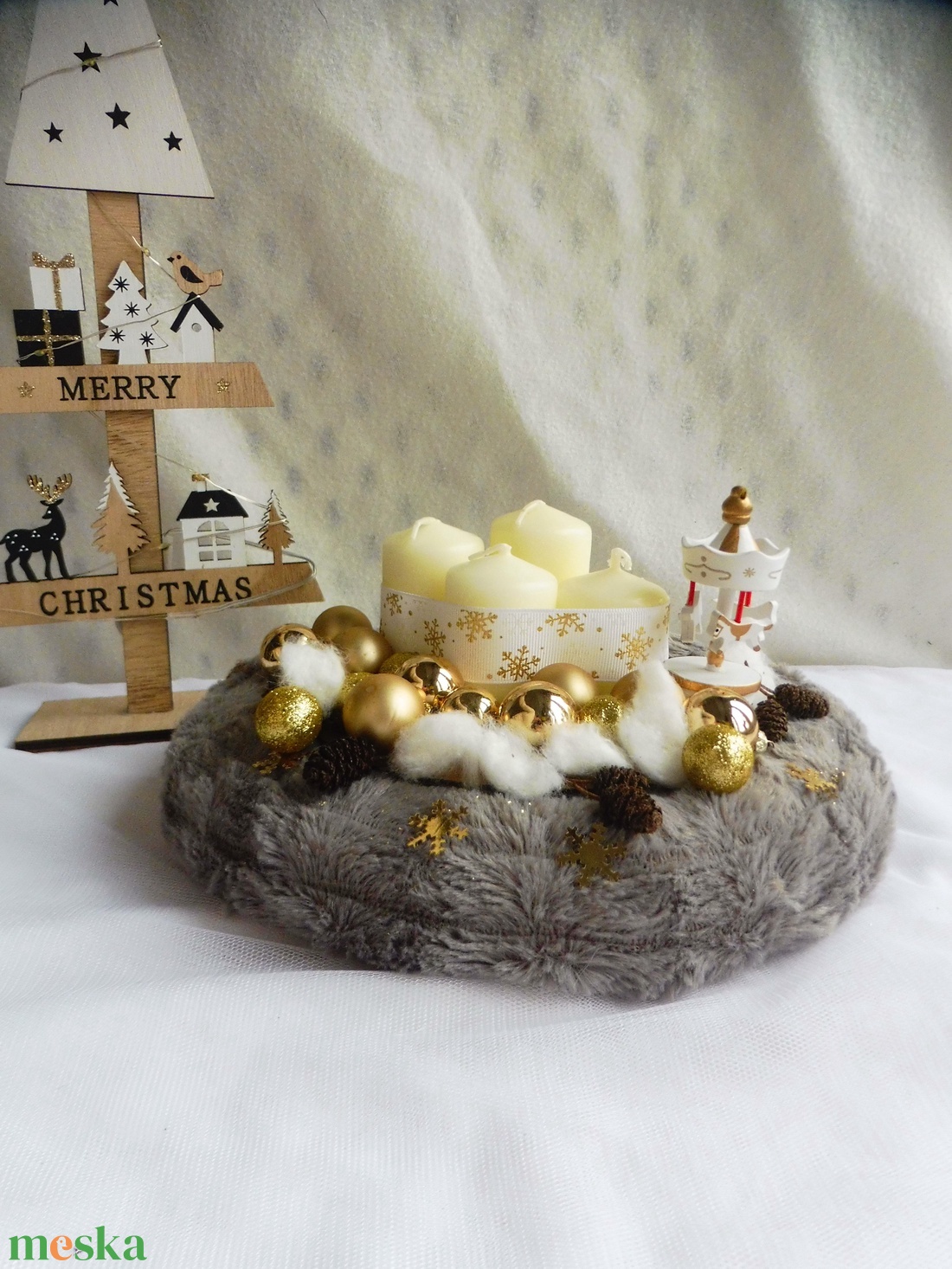 Arany és szürke körhinta adventi koszorú - karácsony - adventi díszek - adventi koszorú - Meska.hu