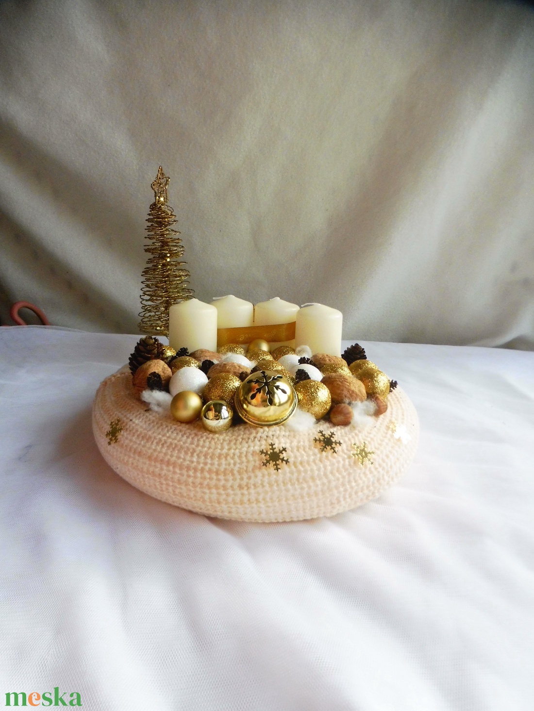 Arany és bronz adventi koszorú hópihével - karácsony - adventi díszek - adventi koszorú - Meska.hu