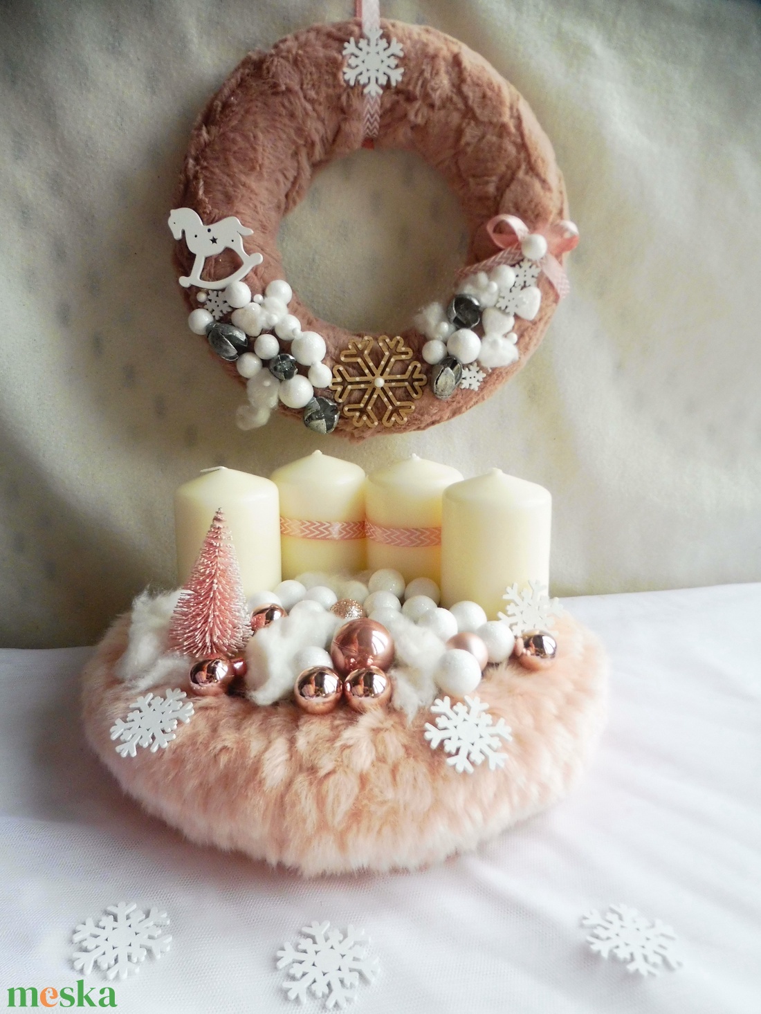 Rózsaszín adventi szett, adventi koszorú és adventi kopogtató - karácsony - adventi díszek - adventi koszorú - Meska.hu