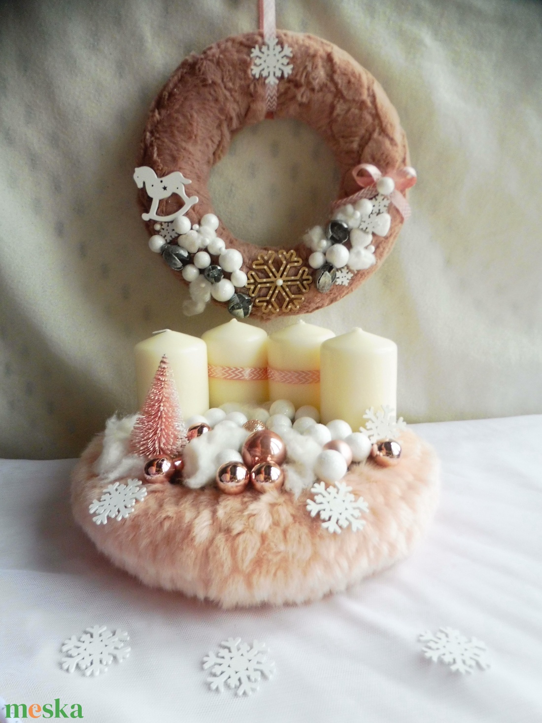 Rózsaszín adventi szett, adventi koszorú és adventi kopogtató - karácsony - adventi díszek - adventi koszorú - Meska.hu