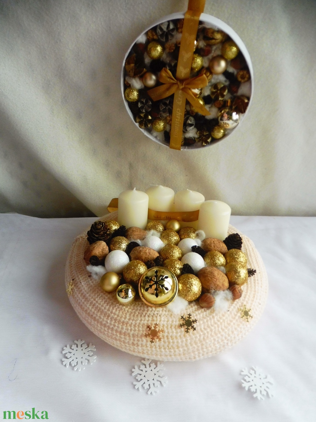 Arany adventi szett, adventi koszorú és adventi ajtókopogtató - karácsony - adventi díszek - adventi koszorú - Meska.hu