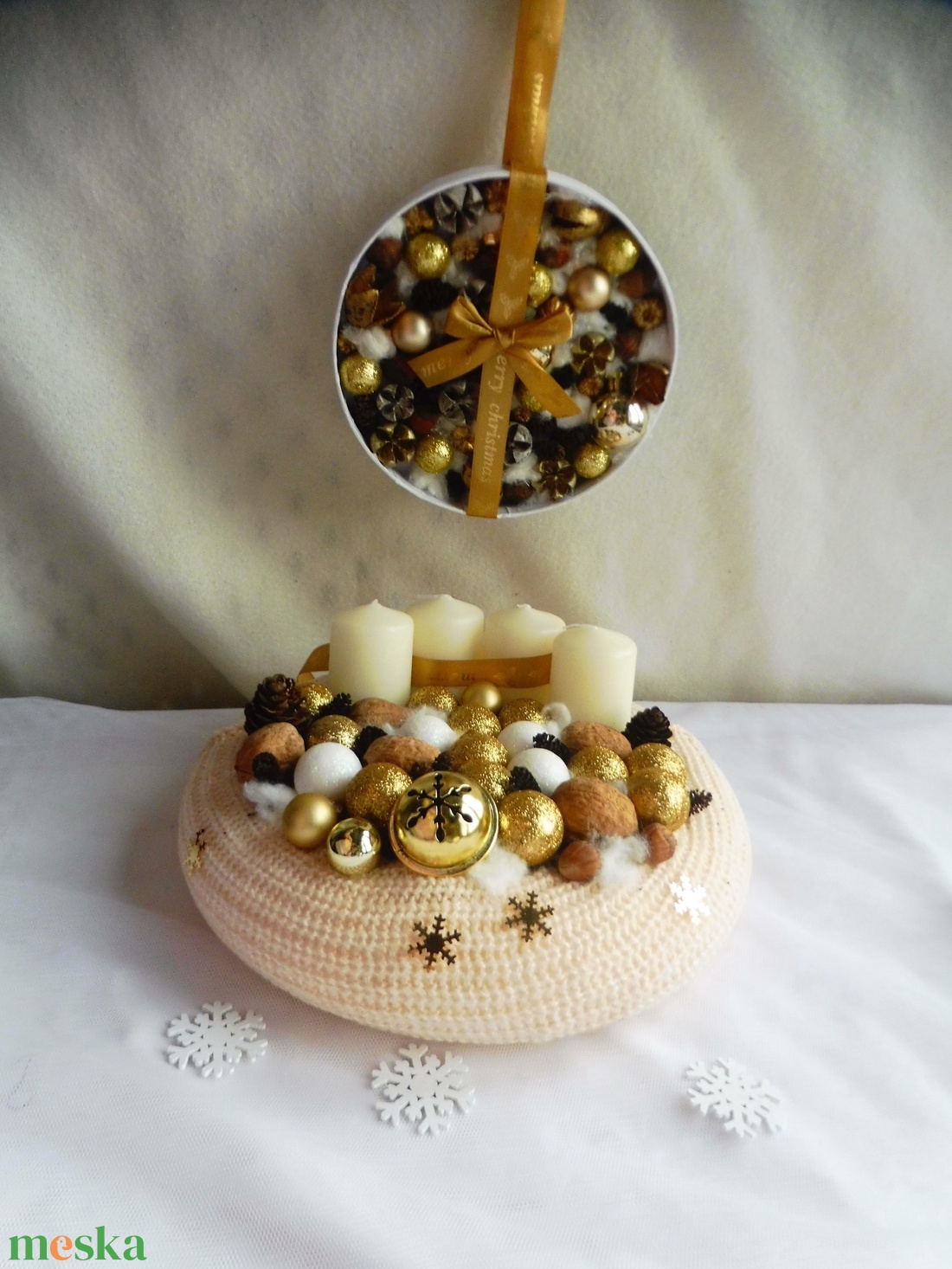 Arany adventi szett, adventi koszorú és adventi ajtókopogtató - karácsony - adventi díszek - adventi koszorú - Meska.hu