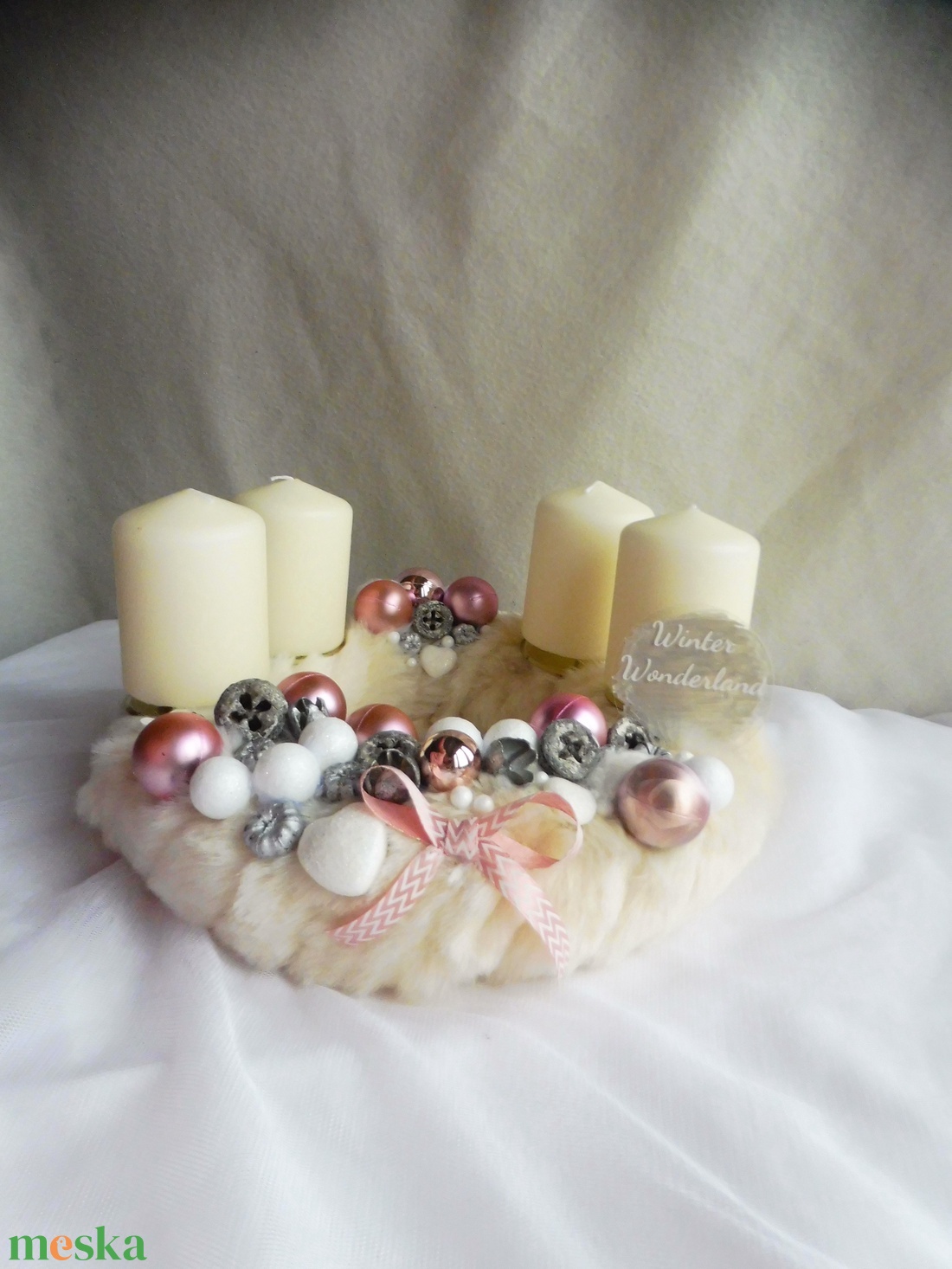 Adventi koszorú rózsaszín és fehér - karácsony - adventi díszek - adventi koszorú - Meska.hu