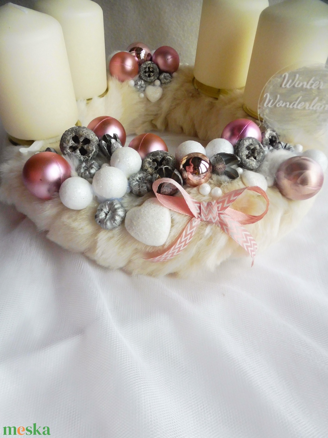 Adventi koszorú rózsaszín és fehér - karácsony - adventi díszek - adventi koszorú - Meska.hu