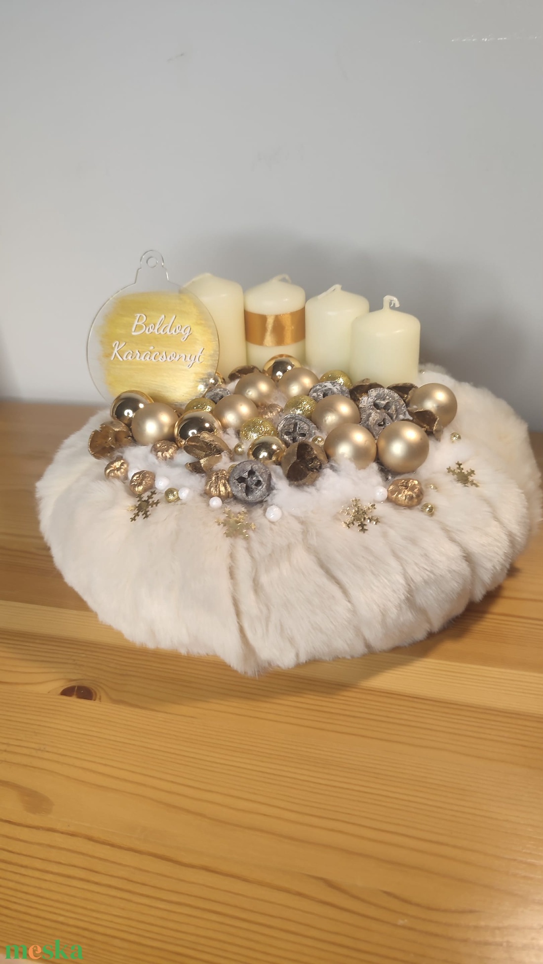 Arany és fehér Boldog karácsony feliratos adventi koszorú - karácsony - adventi díszek - adventi koszorú - Meska.hu