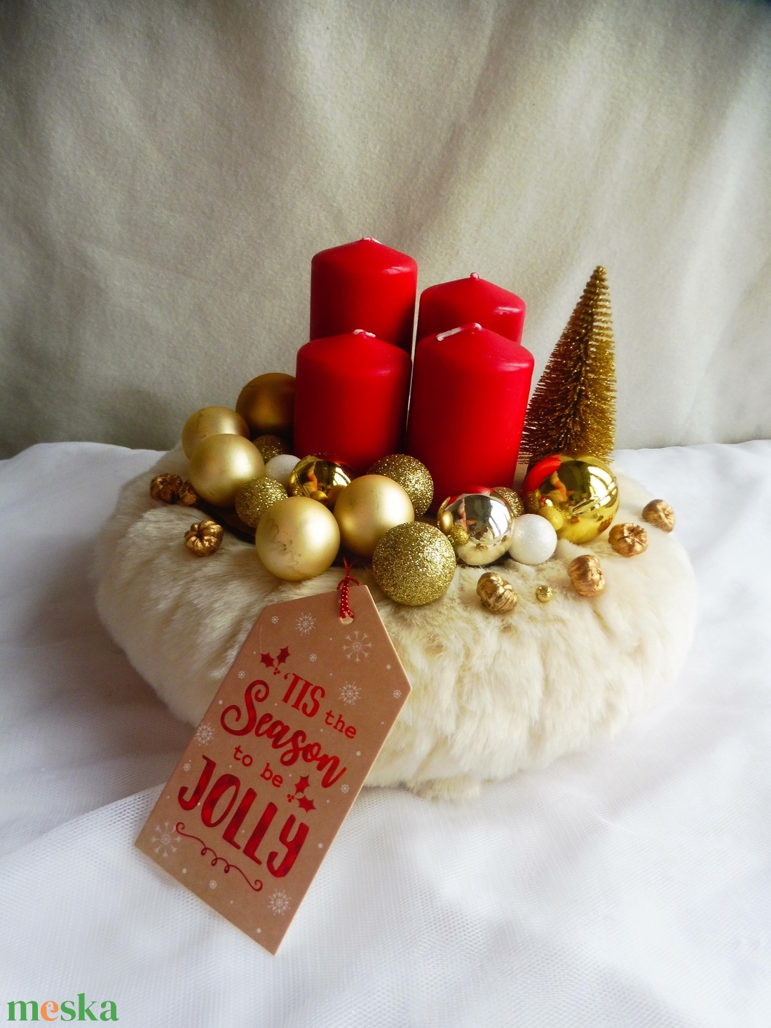 Piros és arany adventi koszorú fenyőfával - karácsony - adventi díszek - adventi koszorú - Meska.hu