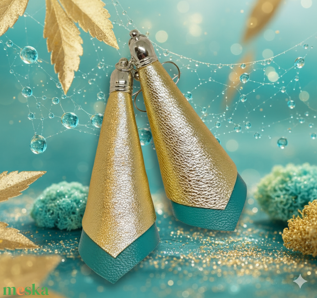 ARANY-TÜRKIZ bőr fülbevaló  - ékszer - fülbevaló - lógó fülbevaló - Meska.hu