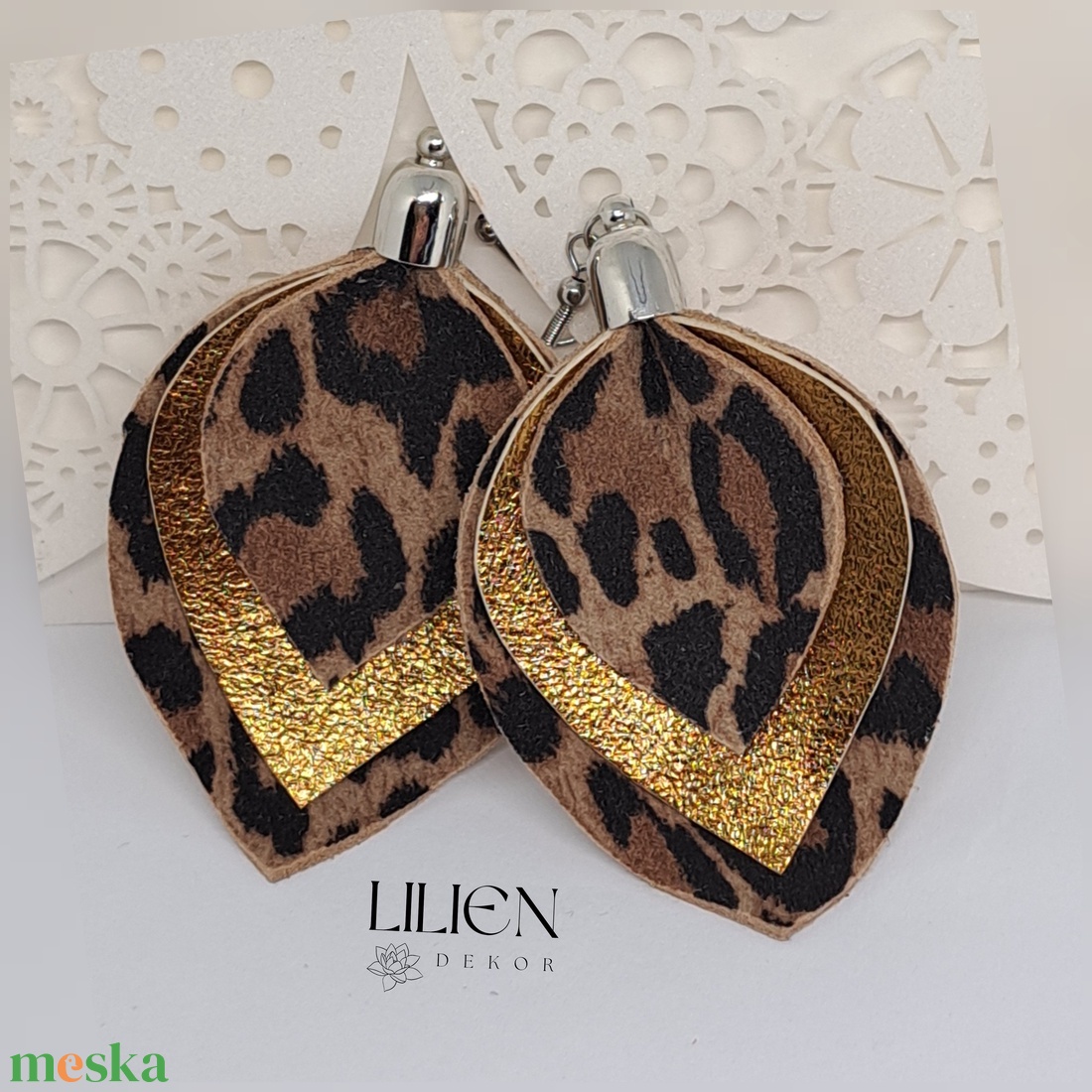 LEOPÁRD HOMORÚ CSEPP bőr fülbevaló - ékszer - fülbevaló - lógó csepp fülbevaló - Meska.hu