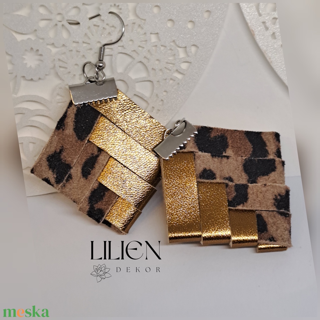 LEOPÁRD szövött bőr fülbevaló - ékszer - fülbevaló - lógó fülbevaló - Meska.hu