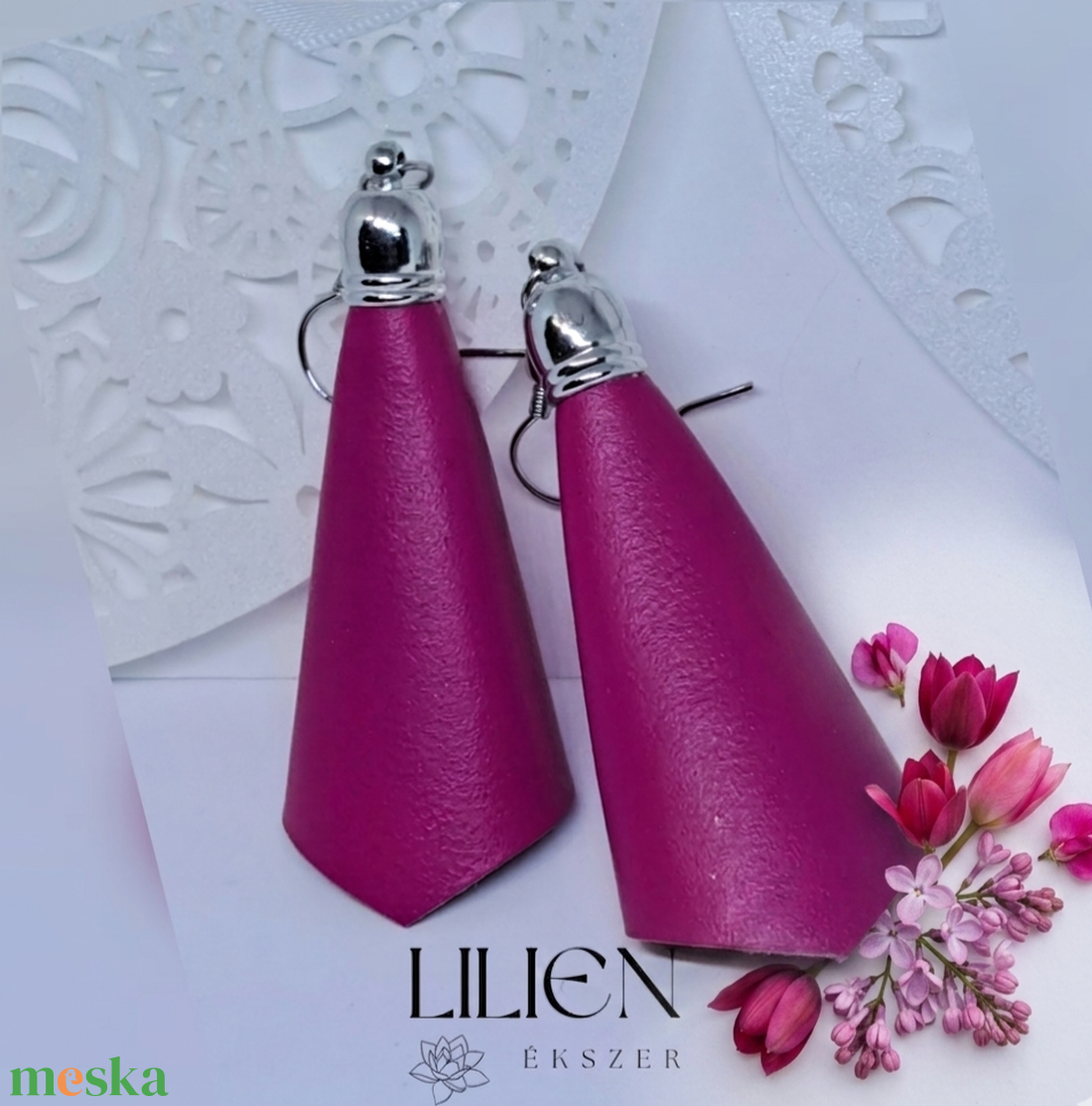 MAGENTA bőr fülbevaló  - ékszer - fülbevaló - lógó fülbevaló - Meska.hu