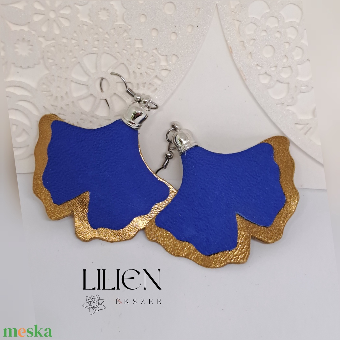 ÓARANY-AZÚR GINKGO  bőr fülbevaló - ékszer - fülbevaló - lógó fülbevaló - Meska.hu
