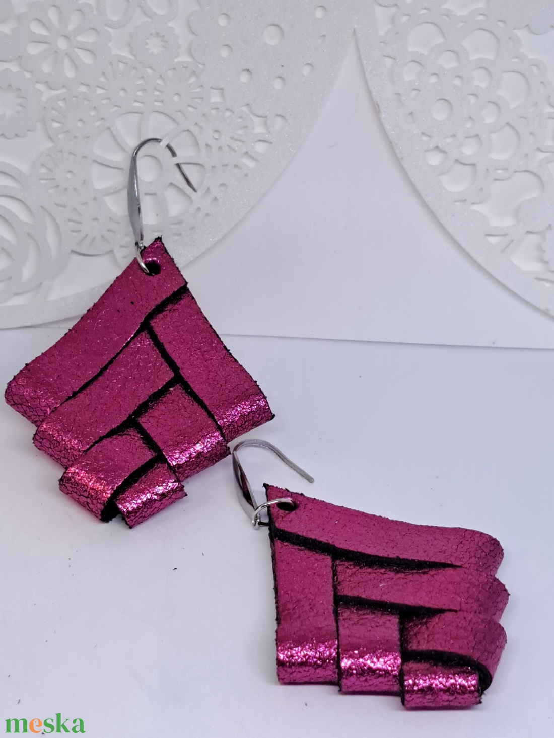  METÁL PINK MOZAIK bőr fülbevaló - ékszer - fülbevaló - lógó fülbevaló - Meska.hu