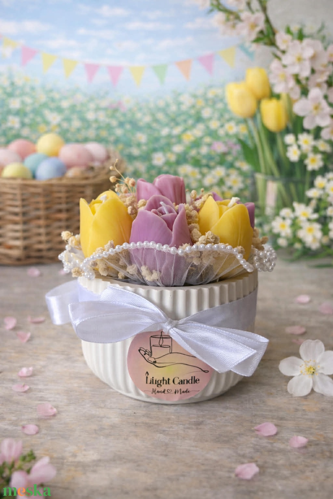 Tulipán gyertya csokor kerámia tálban  - esküvő - dekoráció - gyertya & gyertyatartó - Meska.hu