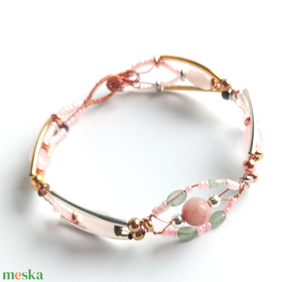 Réz orgon karkötő valódi rózsakvarc ásvánnyal - ékszer - karkötő - ásványkarkötő - Meska.hu