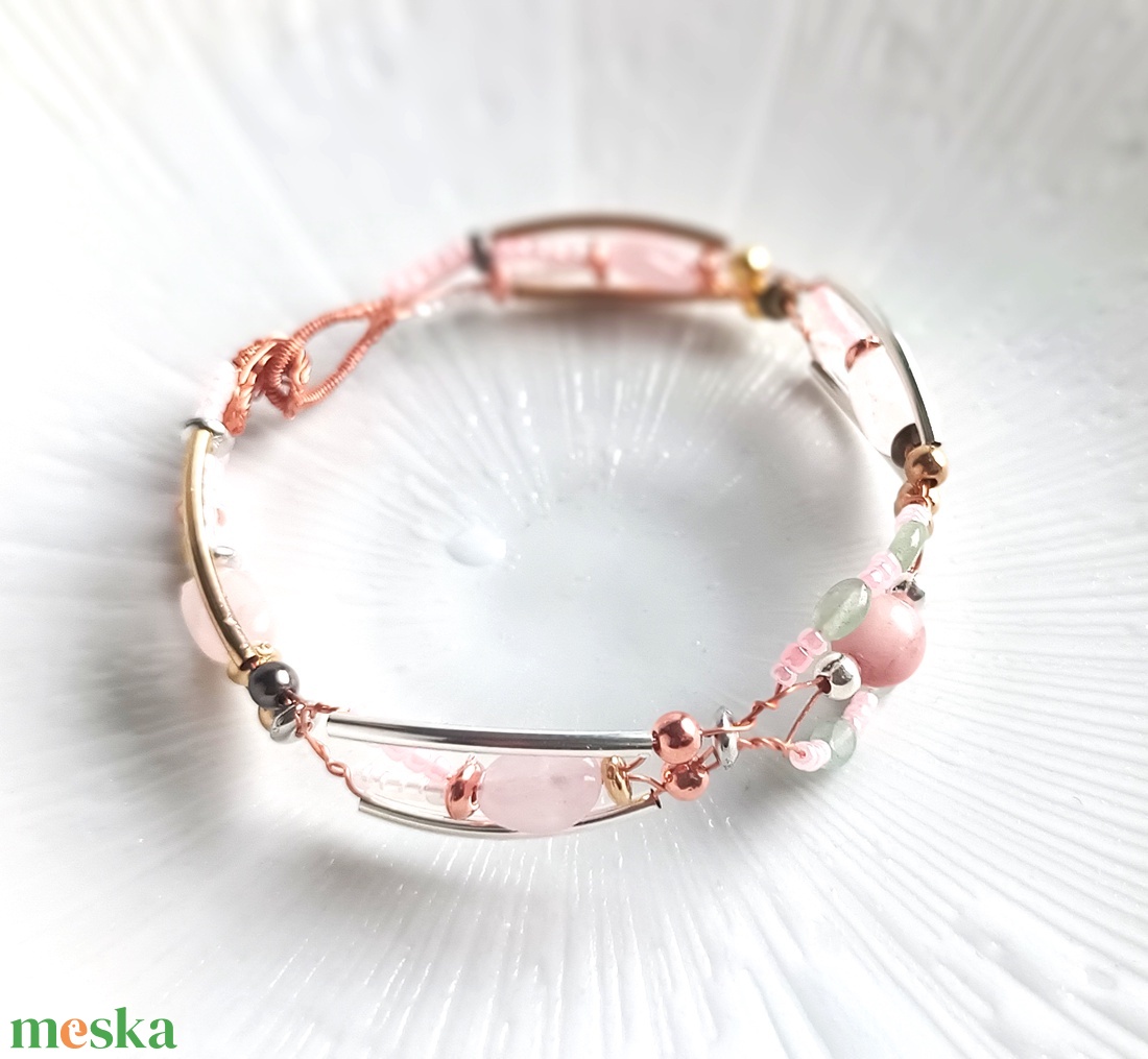 Réz orgon karkötő valódi rózsakvarc ásvánnyal - ékszer - karkötő - ásványkarkötő - Meska.hu