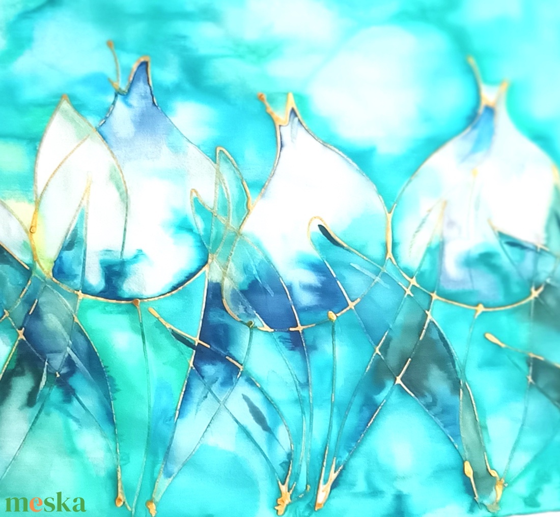 Türkiz tulipánok tiszta selyem sál - ruha & divat - sál, sapka, kendő - sál - Meska.hu