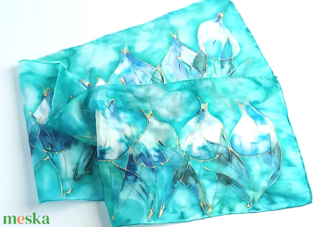 Türkiz tulipánok tiszta selyem sál - ruha & divat - sál, sapka, kendő - sál - Meska.hu