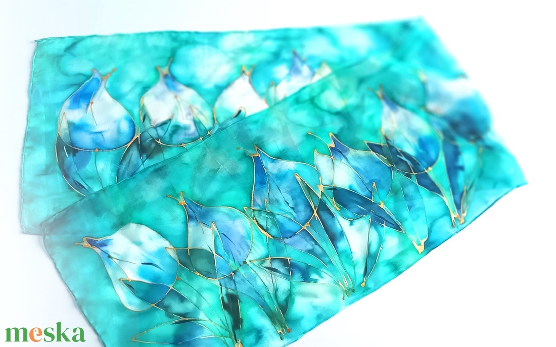 Türkiz tulipánok tiszta selyem sál - ruha & divat - sál, sapka, kendő - sál - Meska.hu