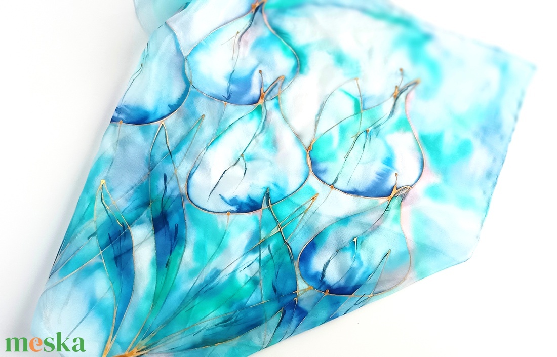 Türkiz tulipánok tiszta selyem kendő - ruha & divat - sál, sapka, kendő - sál - Meska.hu