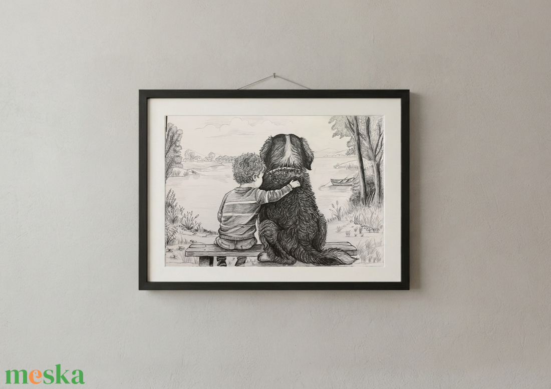 Kutya és gyerek barátsága - egyedi grafizrajz fali dekorációnak, EREDETI példány - művészet - grafika & illusztráció - ceruzarajz - Meska.hu