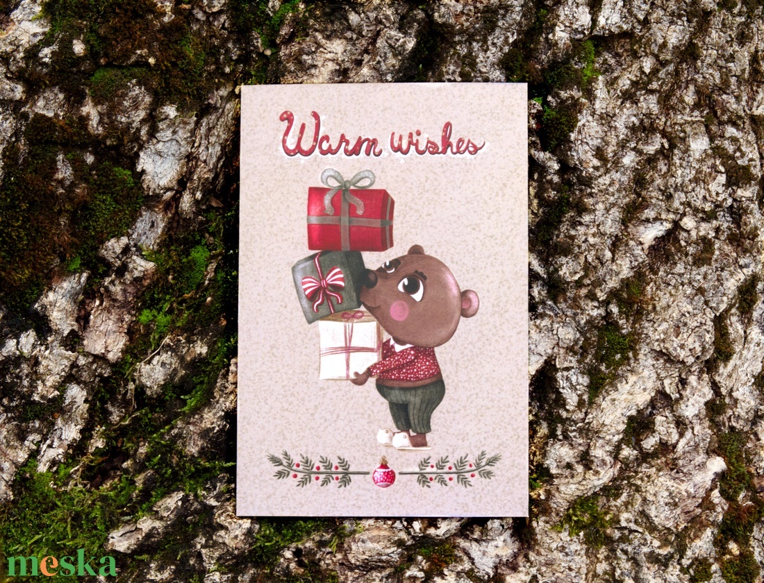 Karácsonyi képeslap - Aranyos mackó, kedves angol szöveggel a hátulján - karácsony - karácsonyi ajándékozás - karácsonyi képeslap, üdvözlőlap, ajándékkísérő - Meska.hu