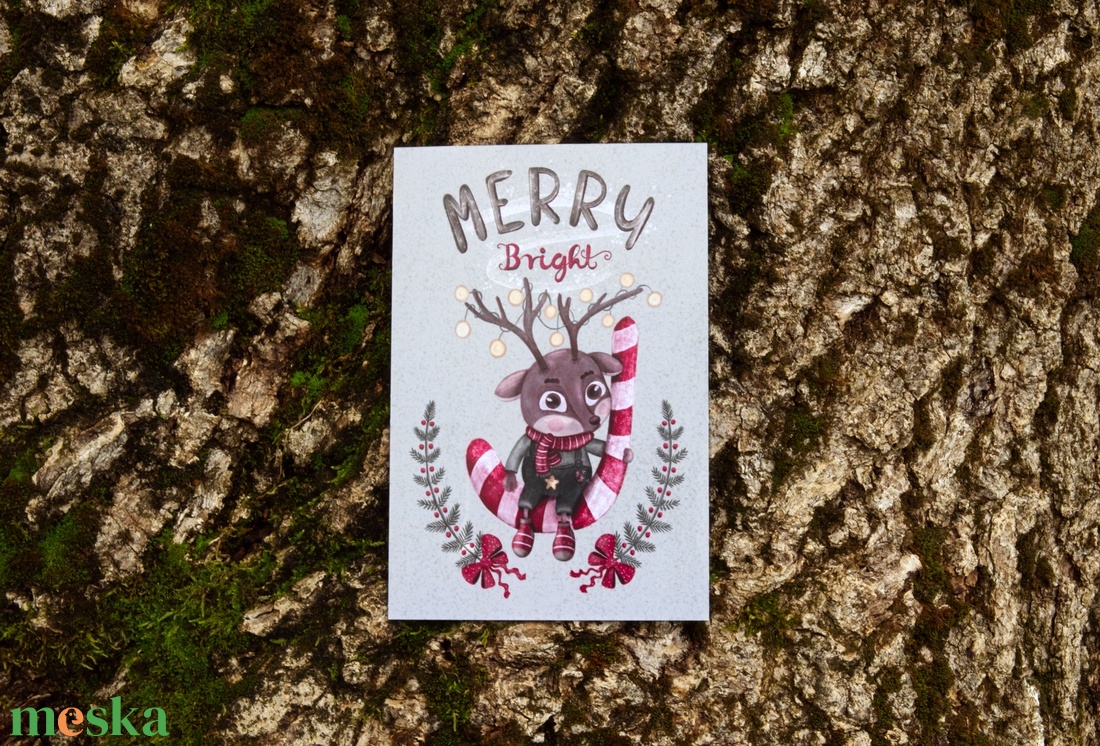 Karácsonyi képeslap - Kicsi szarvaska cukorkával és égősorral, hátulján kedves angol szöveggel - karácsony - karácsonyi ajándékozás - karácsonyi képeslap, üdvözlőlap, ajándékkísérő - Meska.hu