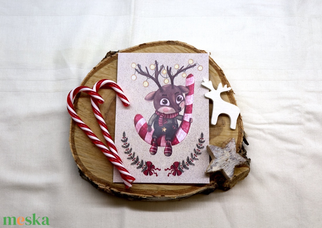 Karácsonyi képeslap - Kicsi szarvaska cukorkával és égősorral - karácsony - karácsonyi ajándékozás - karácsonyi képeslap, üdvözlőlap, ajándékkísérő - Meska.hu