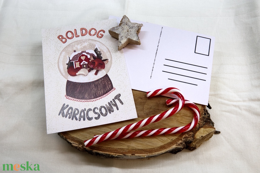 Karácsonyi képeslap - Róka és a hógömb, Boldog karácsonyt felirattal - karácsony - karácsonyi ajándékozás - karácsonyi képeslap, üdvözlőlap, ajándékkísérő - Meska.hu