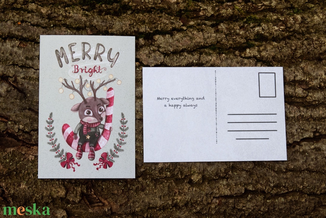 Karácsonyi képeslap - Kicsi szarvaska cukorkával és égősorral, hátulján kedves angol szöveggel - karácsony - karácsonyi ajándékozás - karácsonyi képeslap, üdvözlőlap, ajándékkísérő - Meska.hu