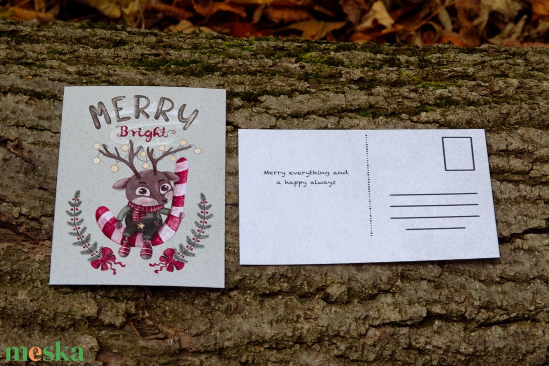 Karácsonyi képeslap - Kicsi szarvaska cukorkával és égősorral, hátulján kedves angol szöveggel - karácsony - karácsonyi ajándékozás - karácsonyi képeslap, üdvözlőlap, ajándékkísérő - Meska.hu