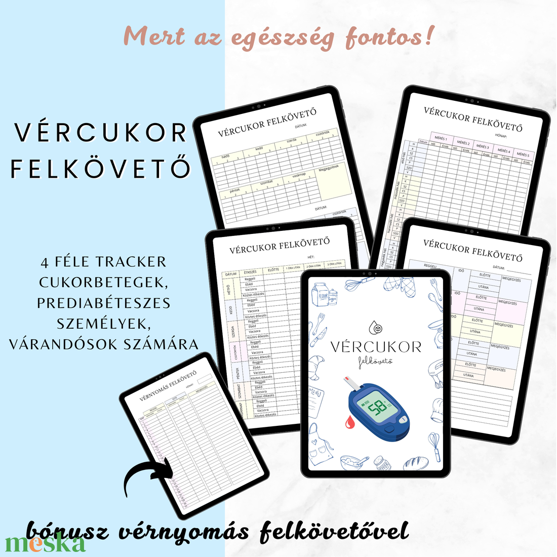 Vércukor Felkövető Napló � Nyomtatható PDF - 4 féle tracker + bónusz vérnyomás napló - otthon & életmód - papír, írószer - naptár & tervező - Meska.hu