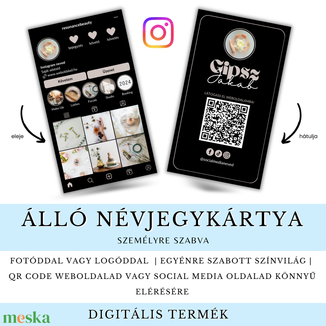 Személyre Szabott Névjegykártya Tervezés � INSTAGRAM DESIGN - Álló vagy Fekvő - Fotóval, Logóval, QR kóddal - otthon & életmód - papír, írószer - névjegykártya - Meska.hu