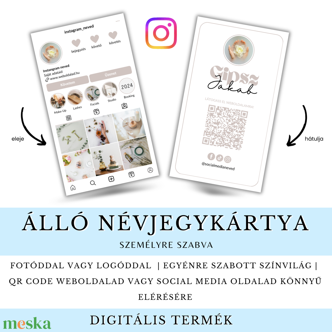 Személyre Szabott Névjegykártya Tervezés � INSTAGRAM DESIGN - Álló vagy Fekvő - Fotóval, Logóval, QR kóddal - otthon & életmód - papír, írószer - névjegykártya - Meska.hu