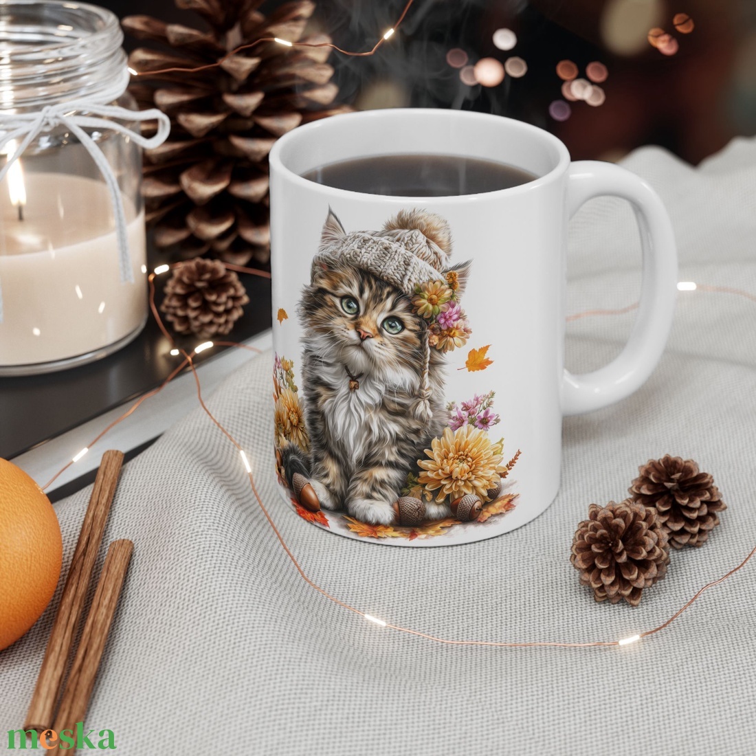 Őszi Maine Coon Macskás Kerámia Bögre � Kötött Sapkás Cica, Cicás Ajándék Macskaimádóknak - otthon & életmód - konyhafelszerelés, tálalás - tálalás - bögre & csésze - Meska.hu