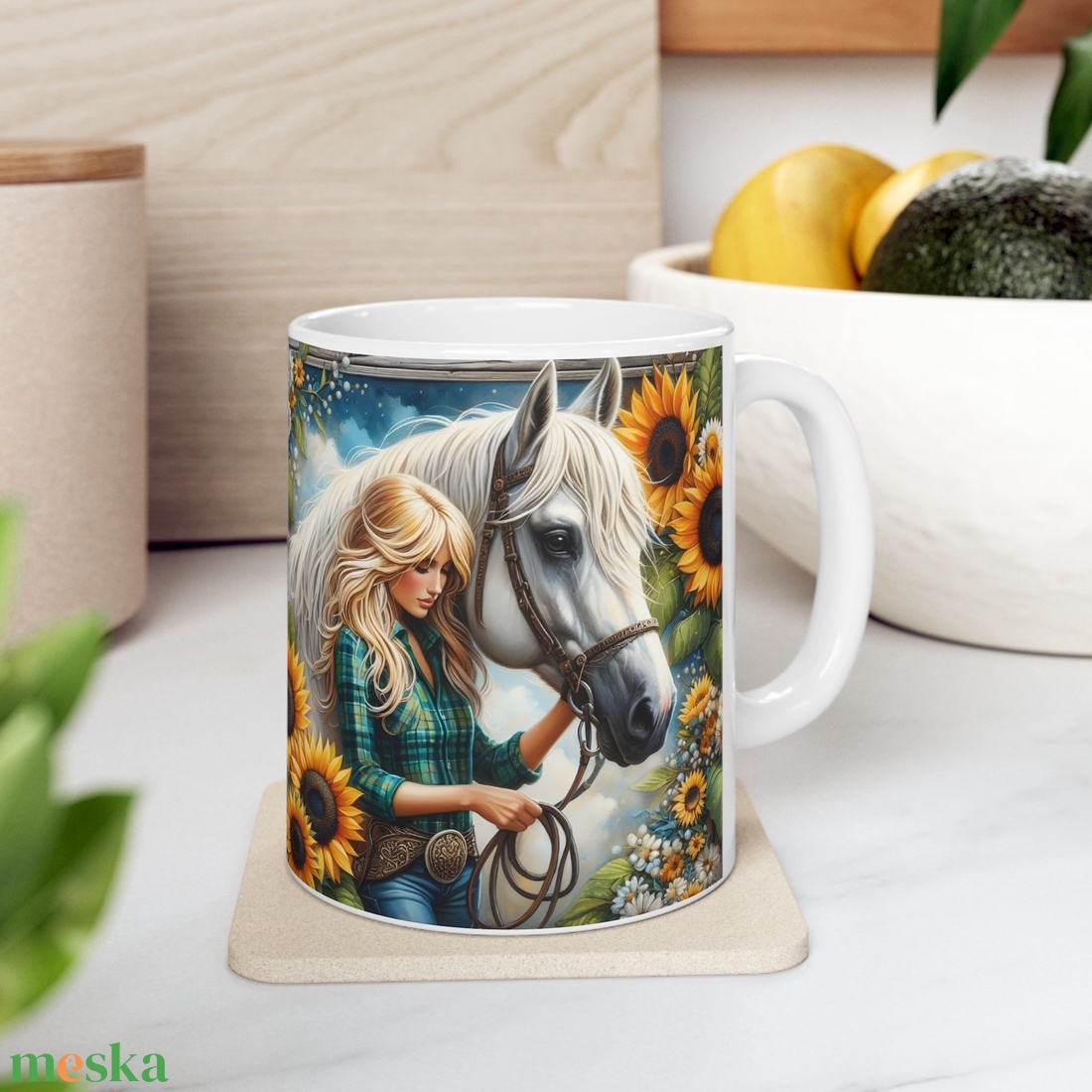 Lovas Lány és Fehér Ló Kerámia Bögre � Napraforgós Fantasy Design, Lovas Ajándék - otthon & életmód - konyhafelszerelés, tálalás - tálalás - bögre & csésze - Meska.hu