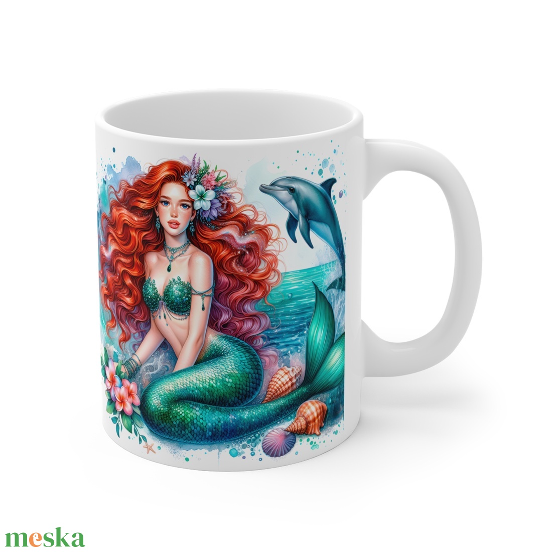 Vörös Hajú Sellős Fantasy Kerámia Bögre � Delfines Akvarell Design, Egyedi Ajándék Lányoknak - otthon & életmód - konyhafelszerelés, tálalás - tálalás - bögre & csésze - Meska.hu